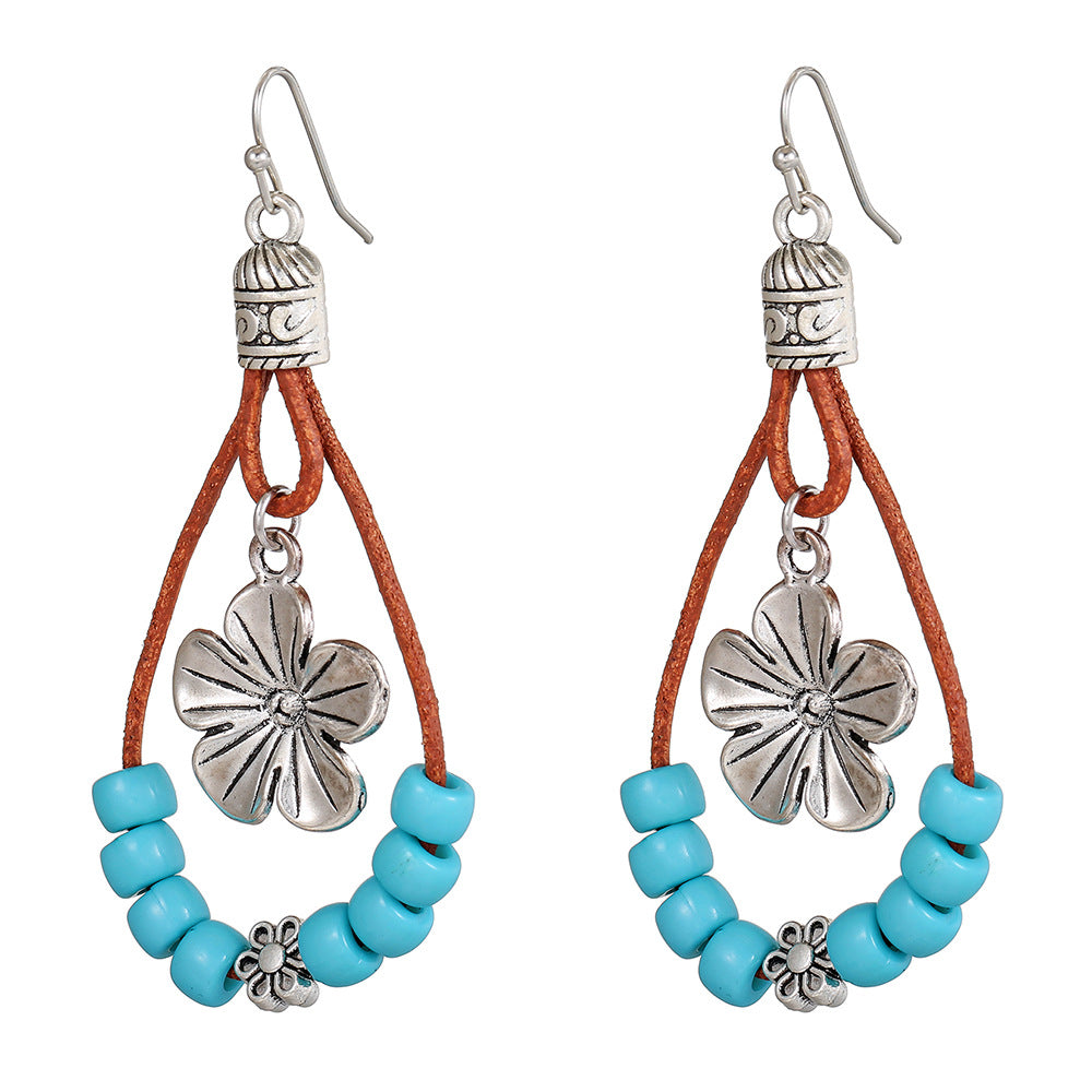 Wholesale Vintage Flower Earrings Bohemian Double Turquoise Beaded Earrings